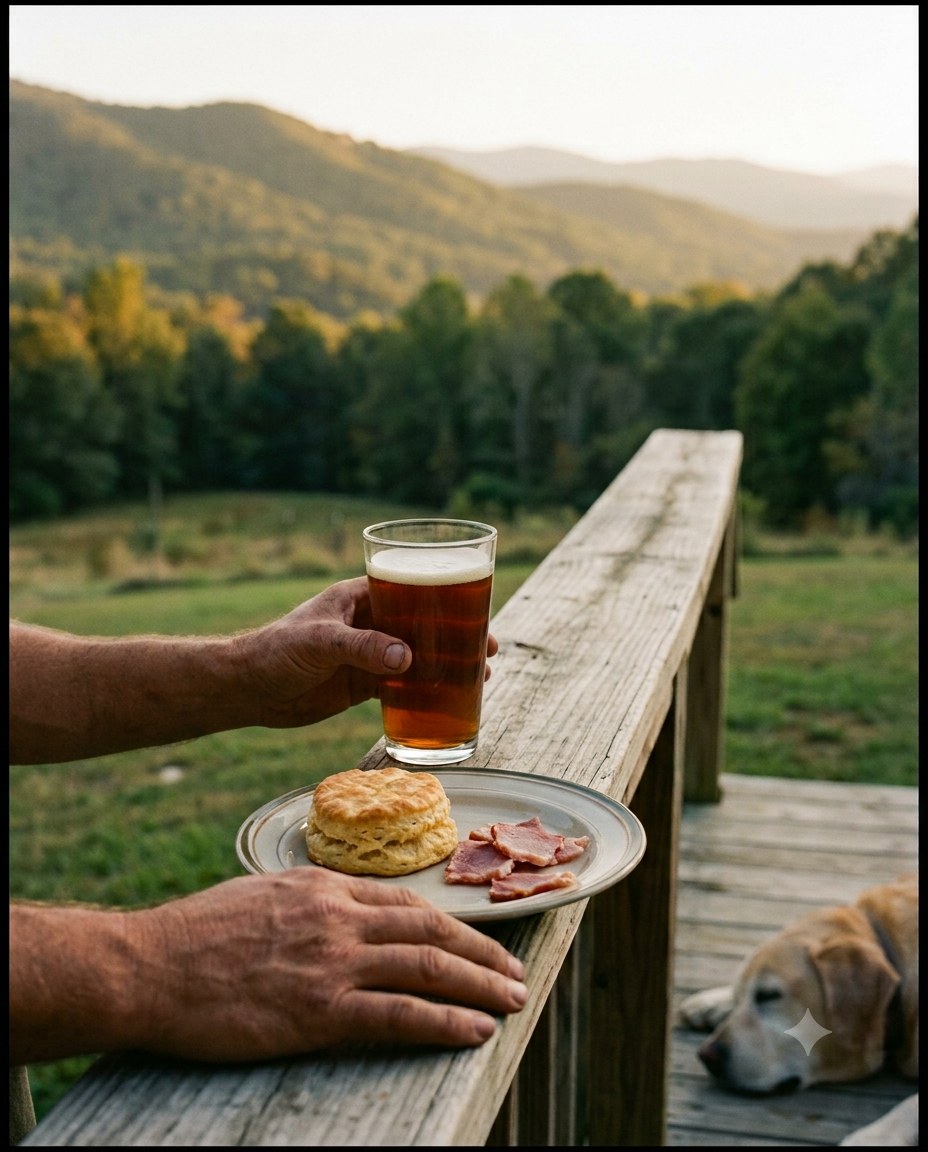 A glass of amber ale and a split ham biscuit on a weathered porch rail at golden hour, an old yellow lab dozing on the boards beyond, the ridge going gold behind