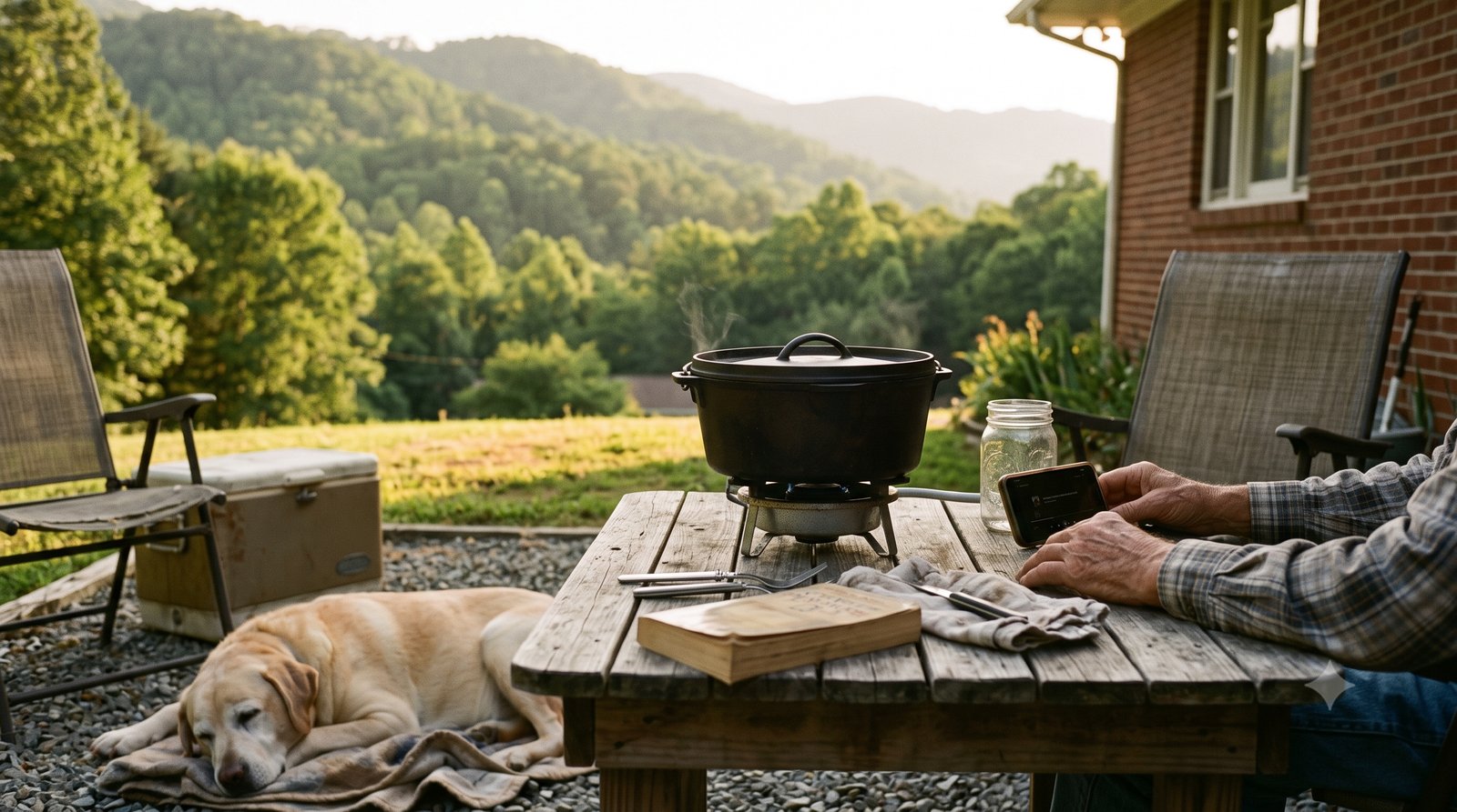 A race-weekend afternoon in a foothills side yard — a cast-iron chili pot steaming on a burner, an older man's hands near a phone, an old yellow lab asleep on a blanket, green ridge behind at golden hour