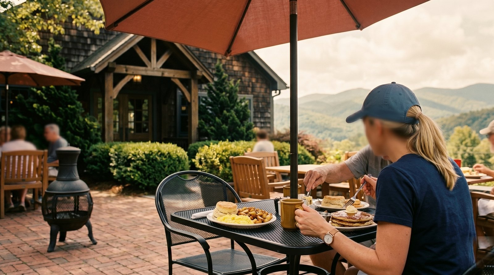 A family breakfast on the patio up the hill in Blowing Rock, the Blue Ridge behind the table