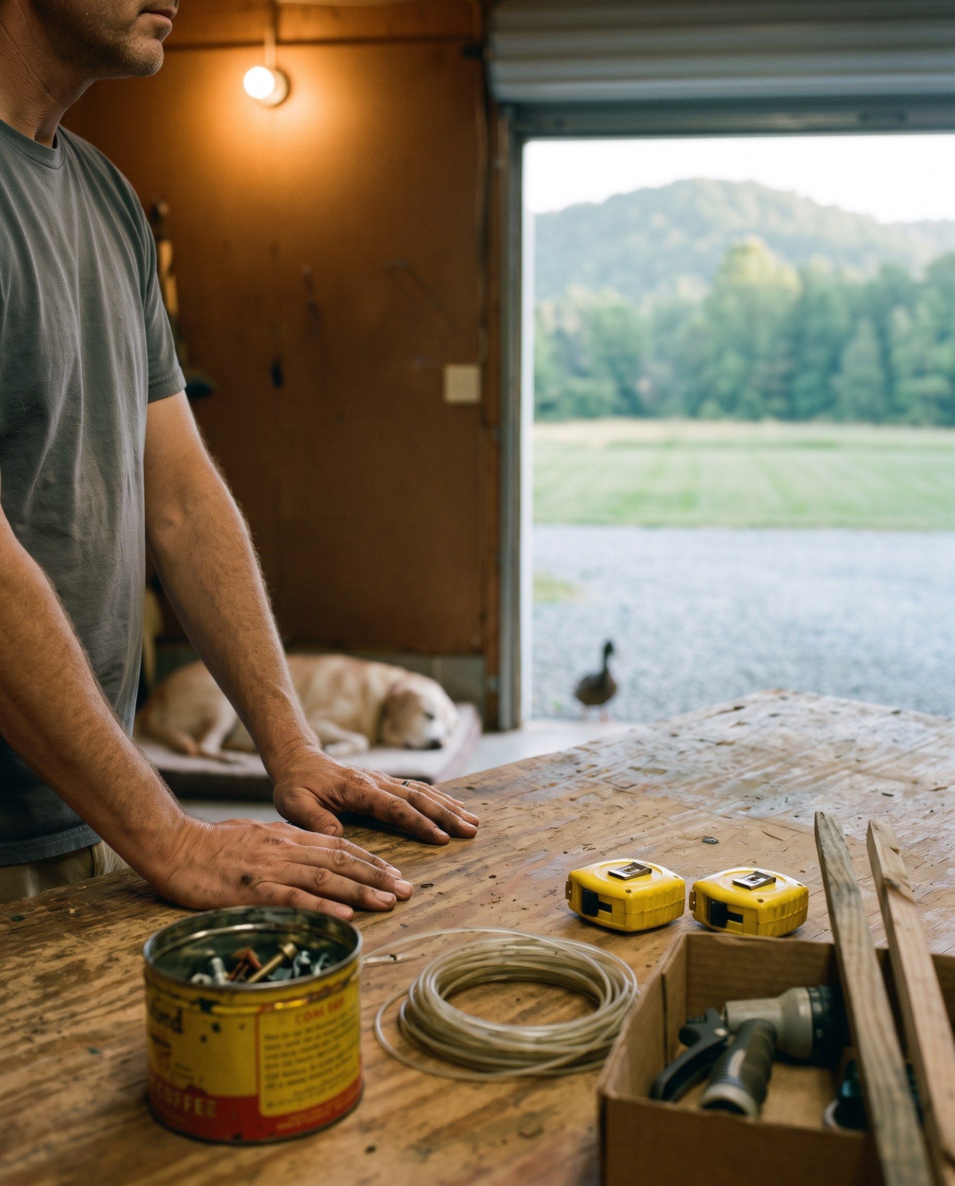 A man's two hands resting on the bare edge of a scarred wooden workbench in a garage early in the morning with his face out of frame, a dented yellow and red coffee tin holding loose hardware and a coil of trimmer line and two yellow tape measures in front of him, an old yellow lab asleep on a bed against the far wall, the roll-up door open on a gravel drive and one low tree-covered ridge beyond