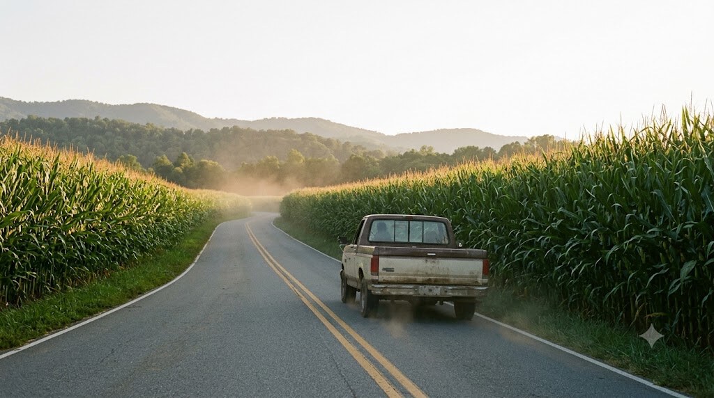 An old pickup driving away down NC 268 between two walls of tall August corn at golden hour, dust off the tires, hazy foothill ridges ahead