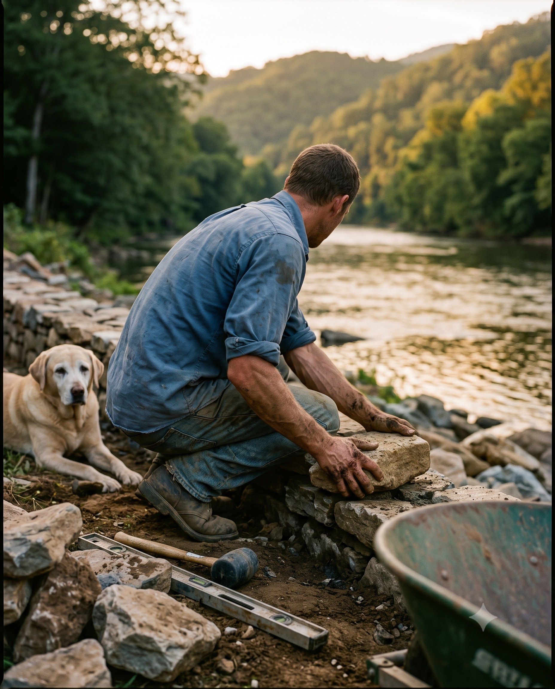 Setting a piece of fieldstone into a low dry-stack wall along the Yadkin riverbank at golden hour, a torpedo level and rubber mallet in the foreground, an old yellow lab resting in the shade