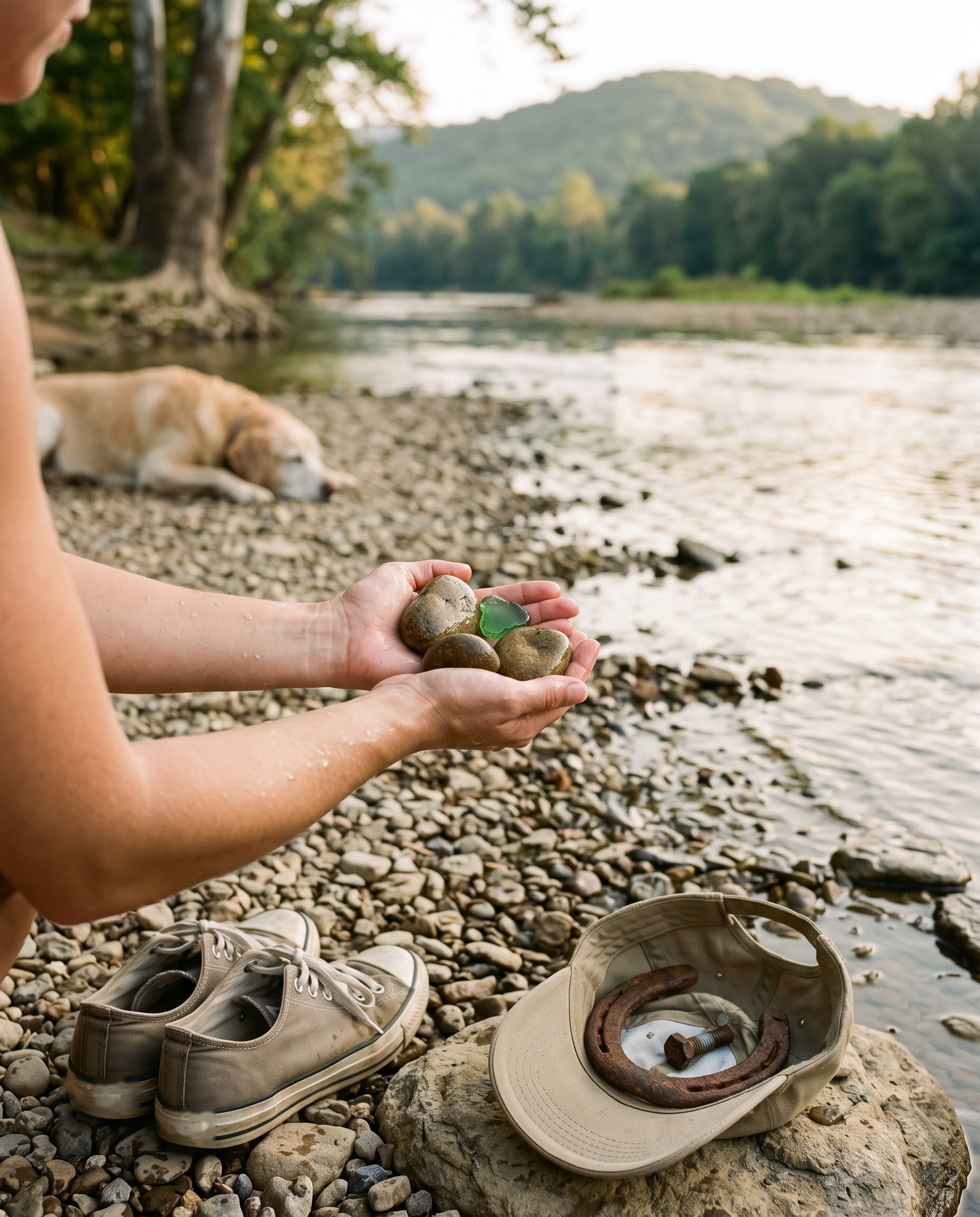 Wet hands cupping smooth river stones and a piece of worn green bottle glass above a pale gravel bar, canvas sneakers and an upturned ball cap holding a rusted horseshoe and a bolt in the foreground, an old yellow lab asleep and soft on the bank behind, low ridge and tree line across the water