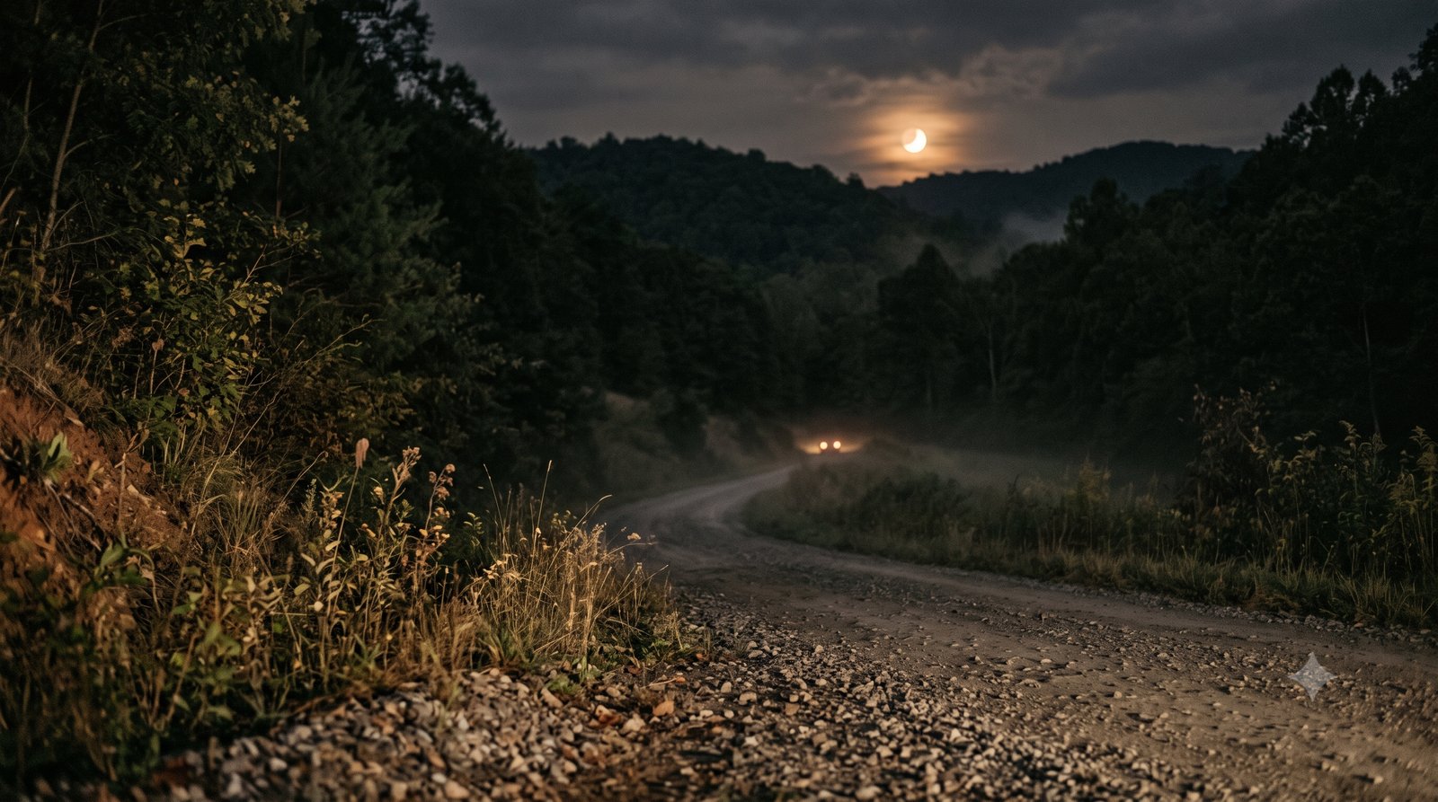 A narrow dirt back road curving into dark tree-covered foothills at night, a single distant pair of headlights and a low moon behind the ridge