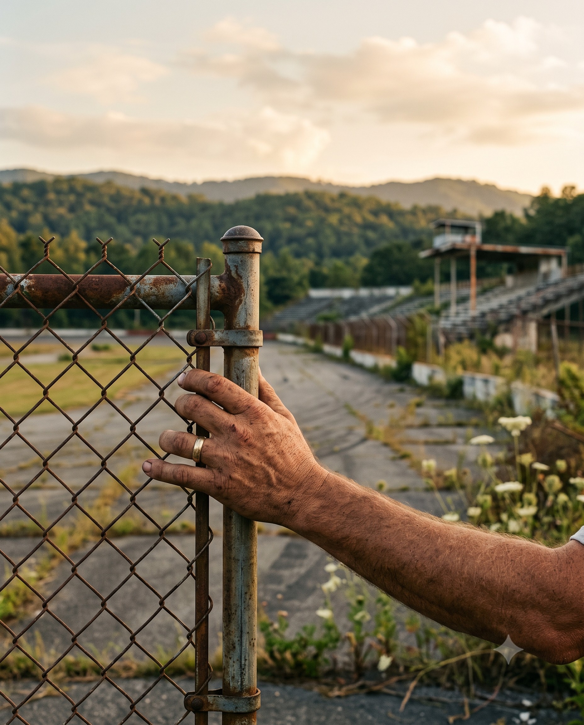 A rusted chain-link gate at North Wilkesboro, a working hand on the wire, empty grandstands and the foothills behind at golden hour
