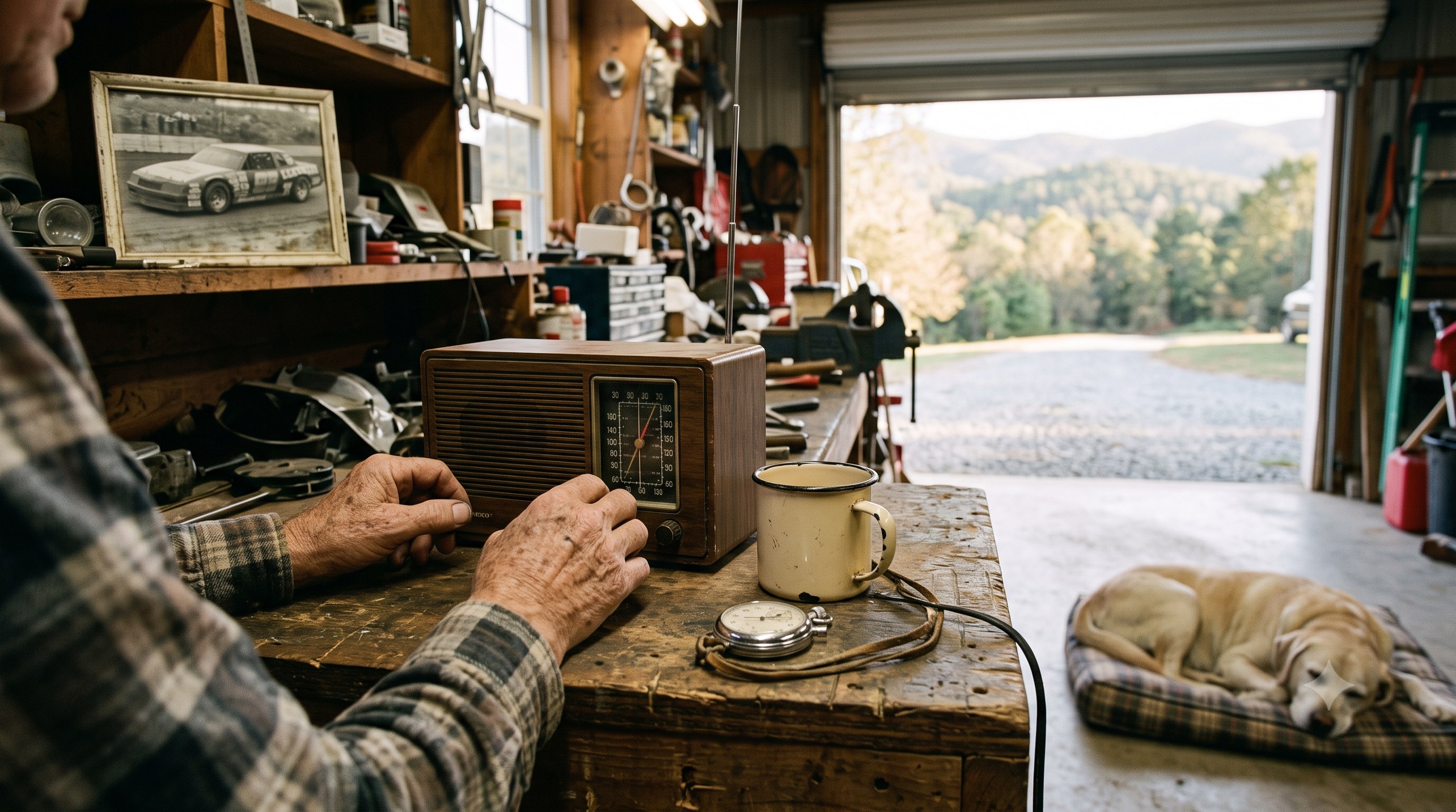 An older man's weathered hands resting by a vintage AM radio on a garage workbench with the race on, a stopwatch and enamel mug beside it, a framed 1980s short-track stock car photo on the shelf, an old yellow lab asleep on a bed, the ridge through the open door