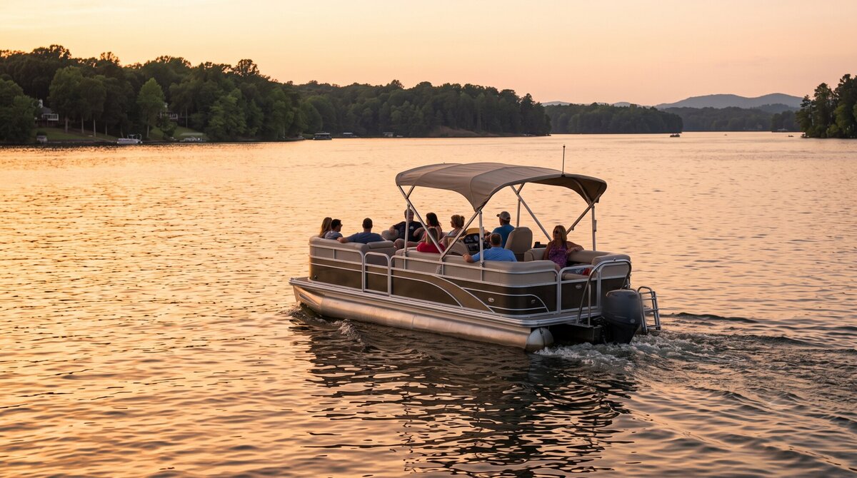A pontoon on Lake Hickory at golden hour