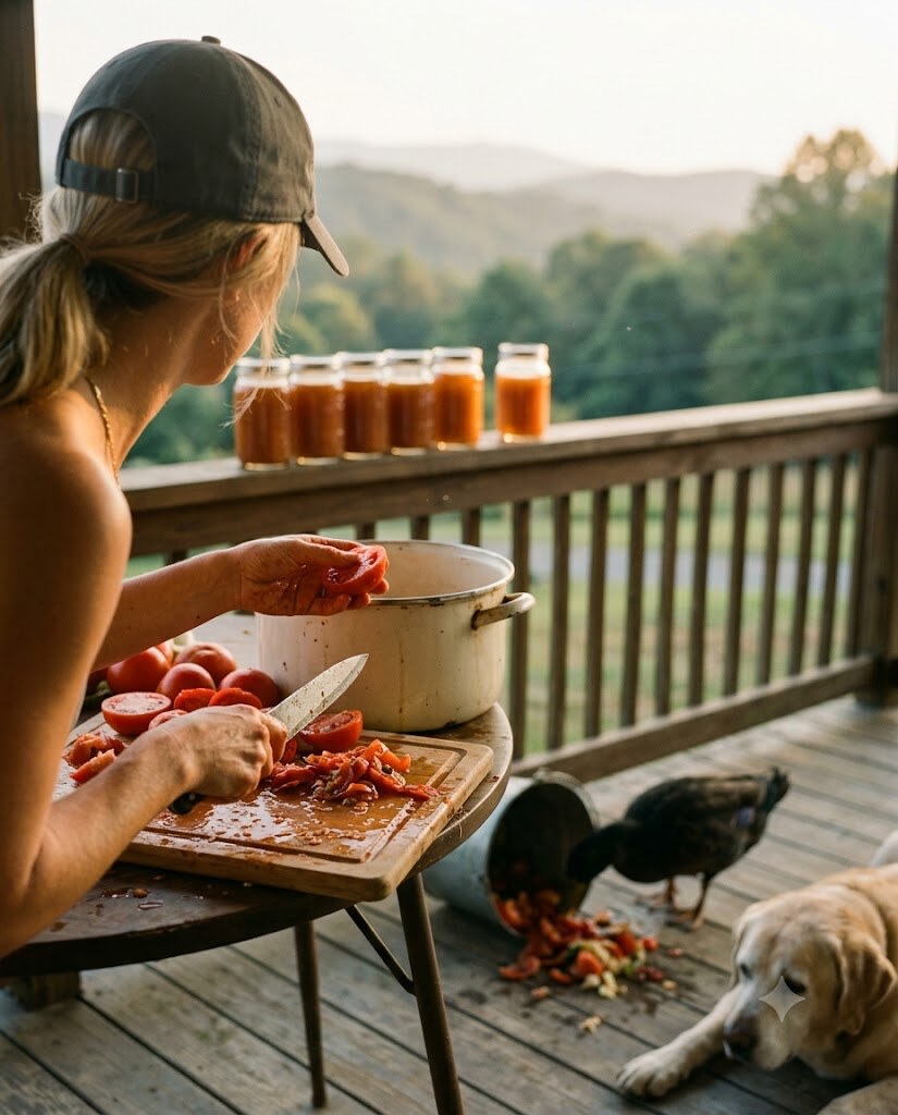 A woman's hands halving ripe tomatoes into a dented enamel pot on a porch table at golden hour, a row of filled mason jars glowing on the rail, a duck in a spilled bucket of skins and an old yellow lab low in the frame, hazy ridges behind