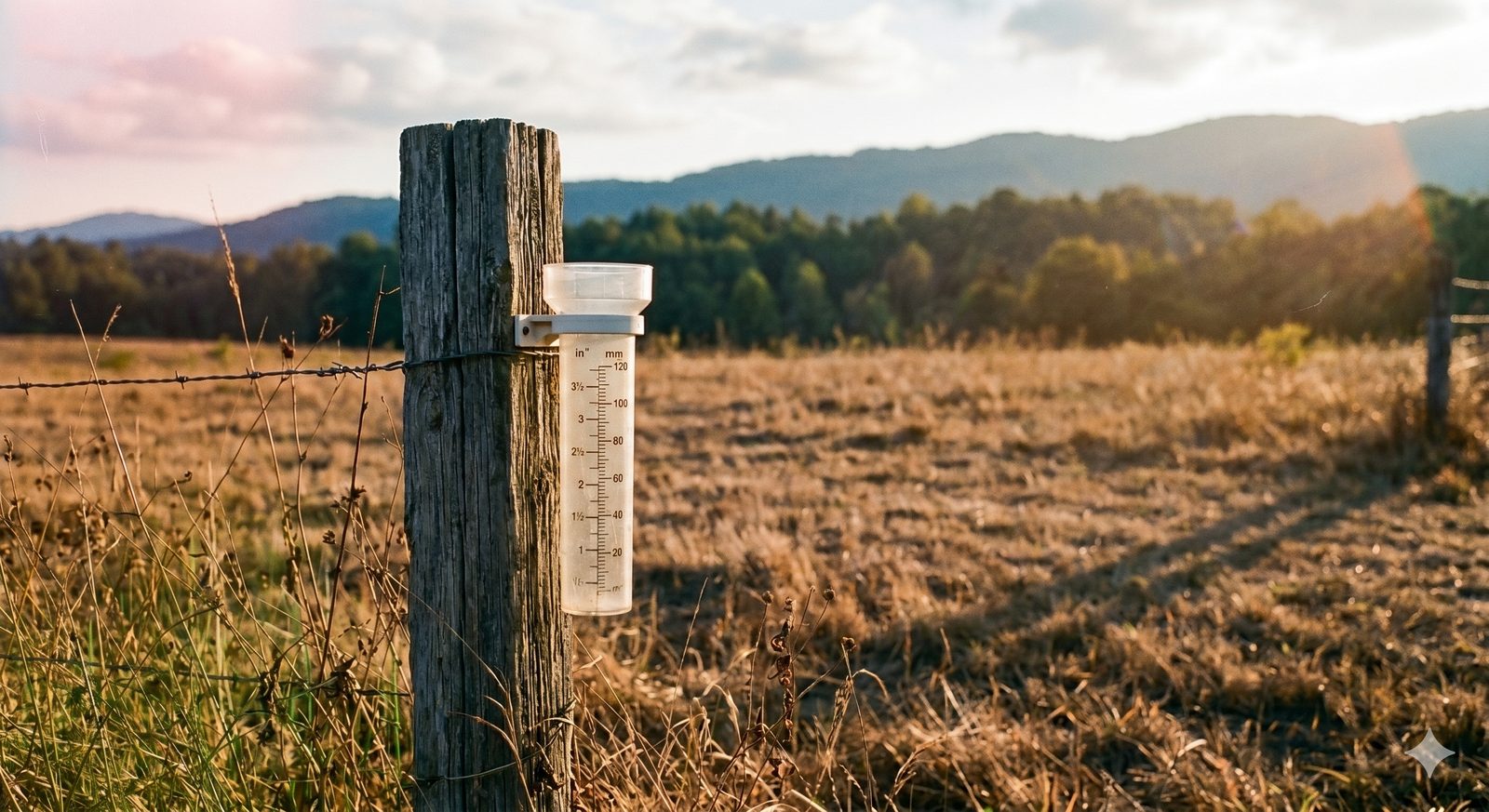 An empty rain gauge on a fence post, dry pasture and low river beyond — Happy Valley, NC