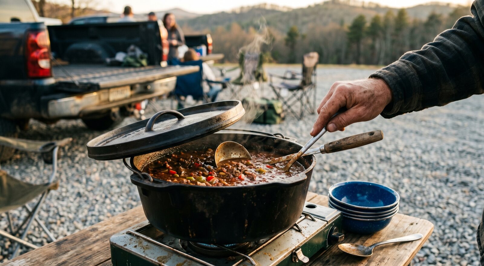 Ricky's chili in the cast iron pot