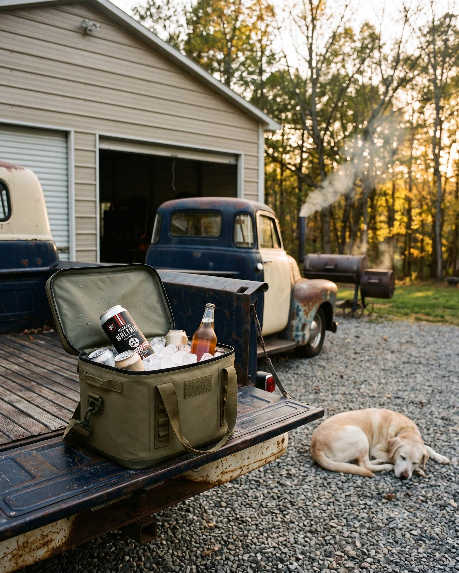 Cooler open on the tailgate of the truck, smoker going behind the garage, Crank asleep in the gravel.
