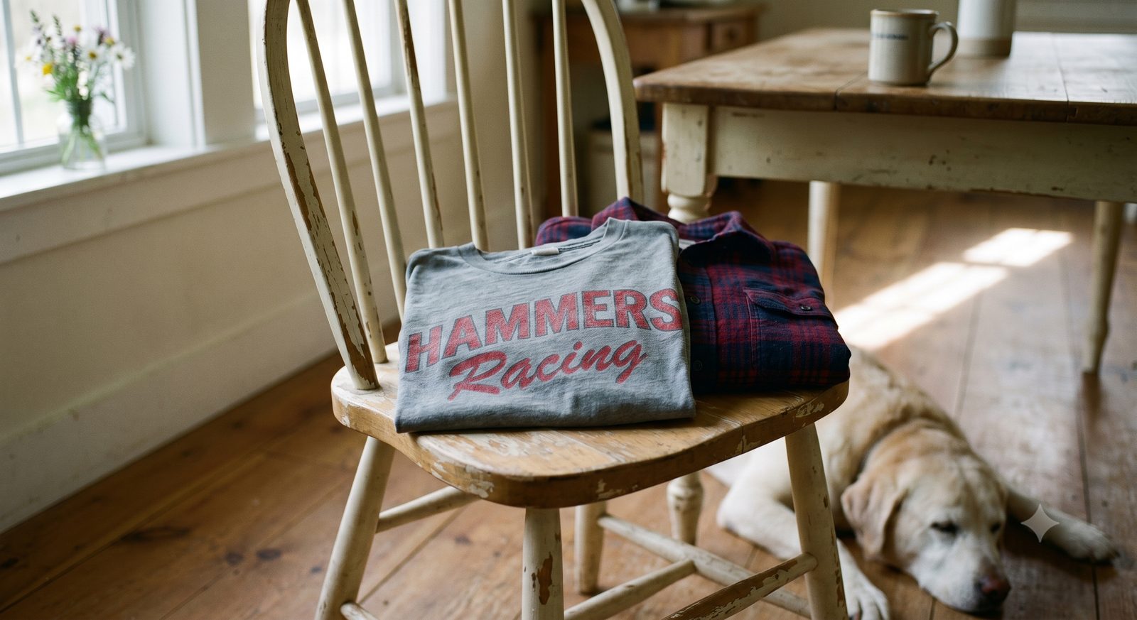 A faded gray Hammers Racing t-shirt folded on the seat of a beat-up wooden kitchen chair, morning light through the window, Crank dozing on the floor.