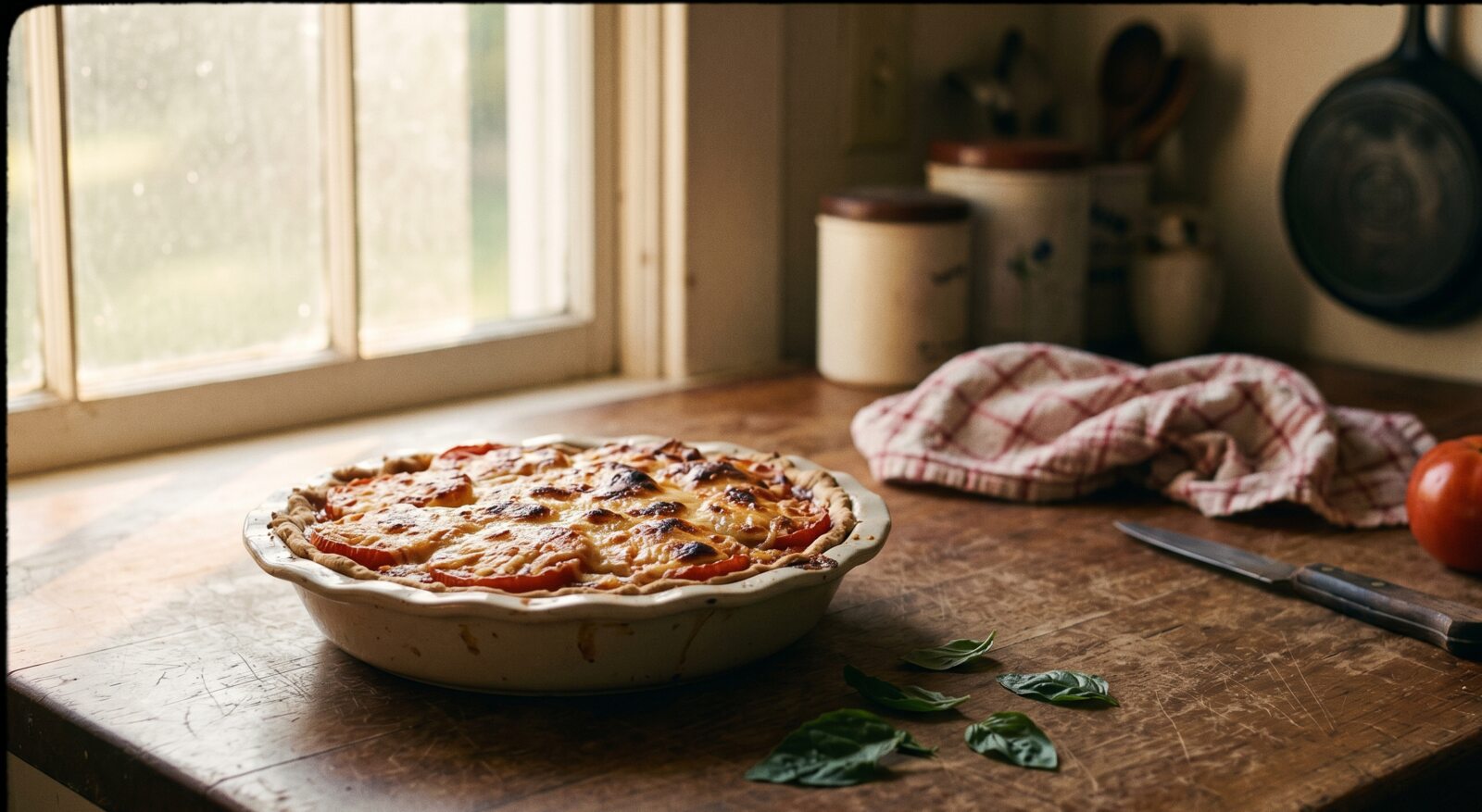 Sarah's tomato pie cooling on the kitchen counter