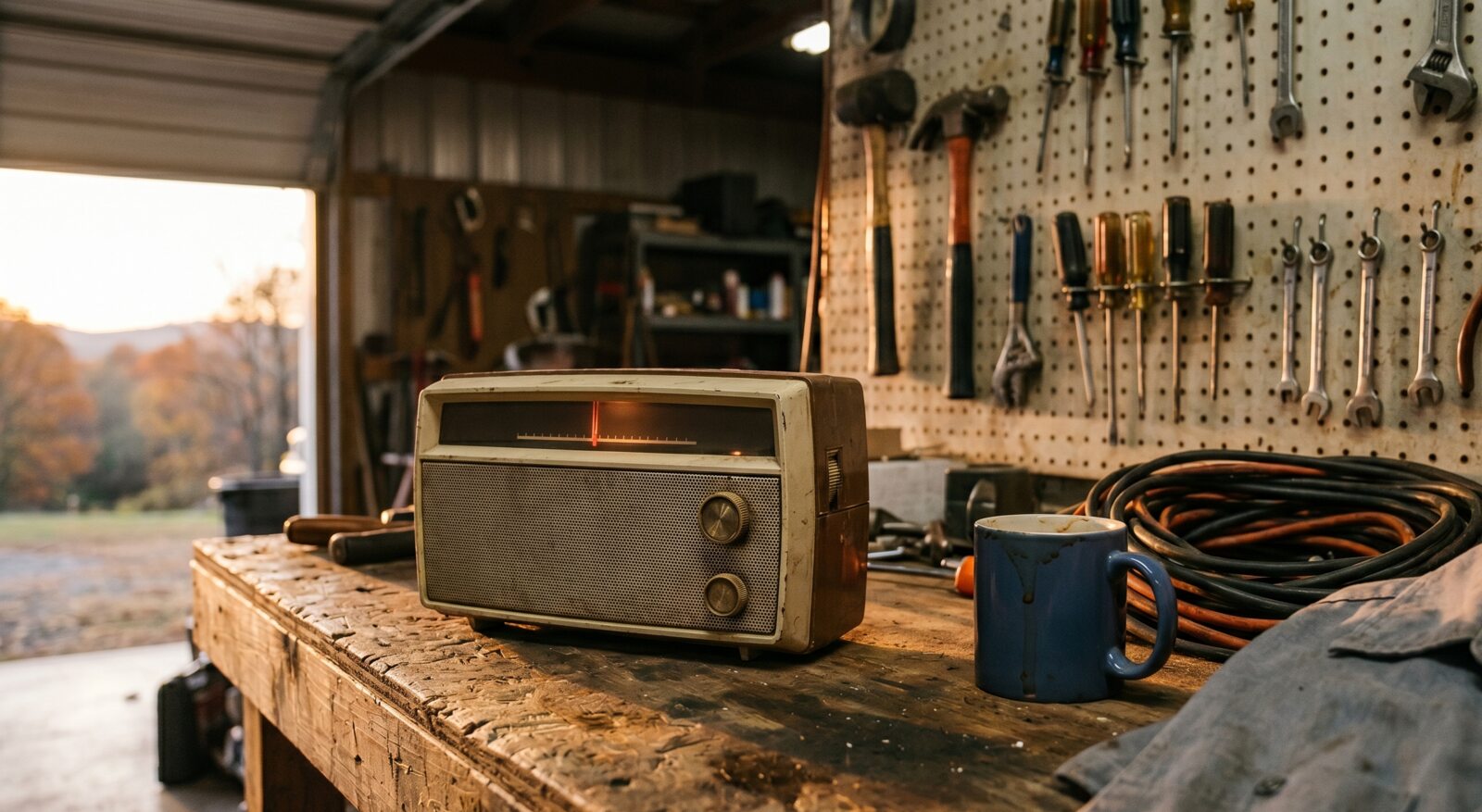 The garage radio on the workbench, tuned low to the pre-race, late afternoon light coming through the open door