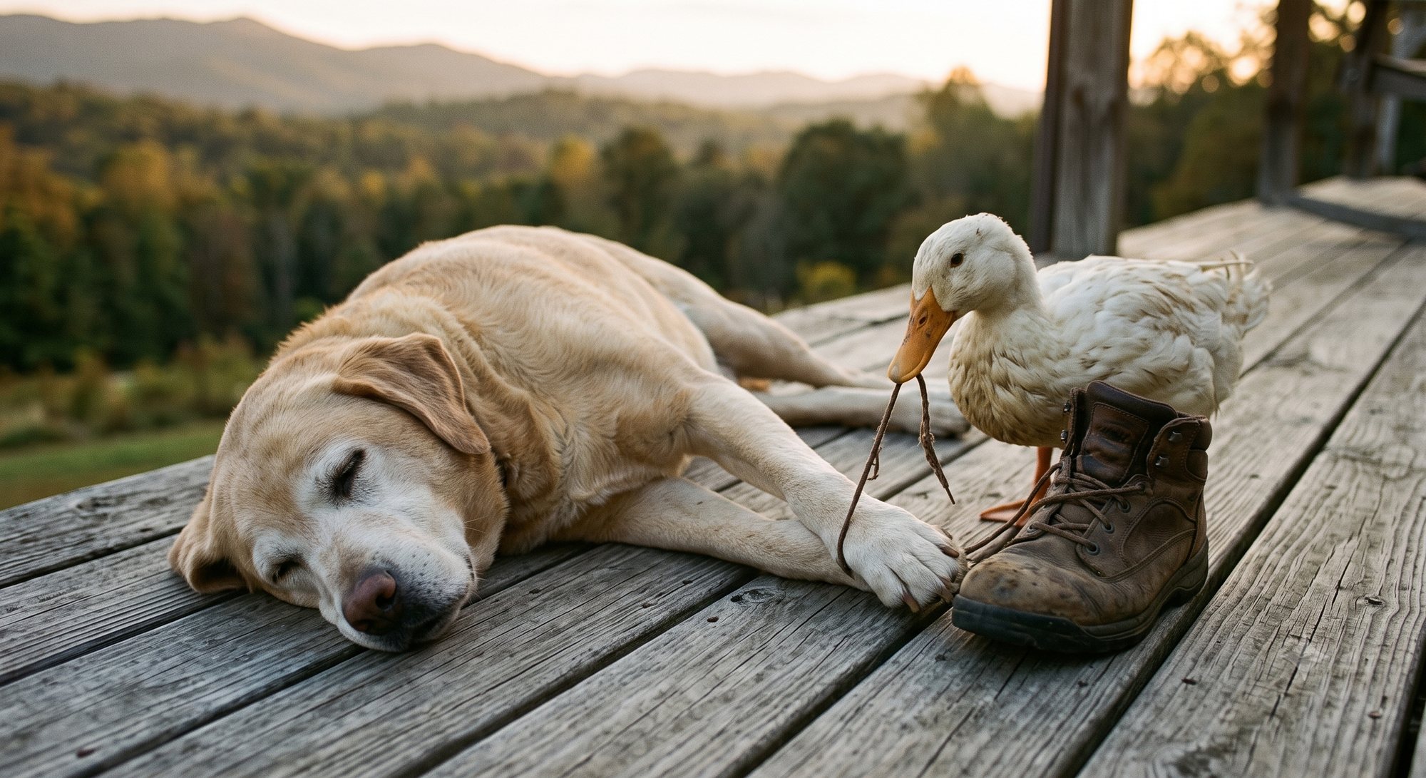 Crank the yellow lab asleep on the porch boards while the duck tugs at the laces of a muddy work boot, the ridge behind at golden hour