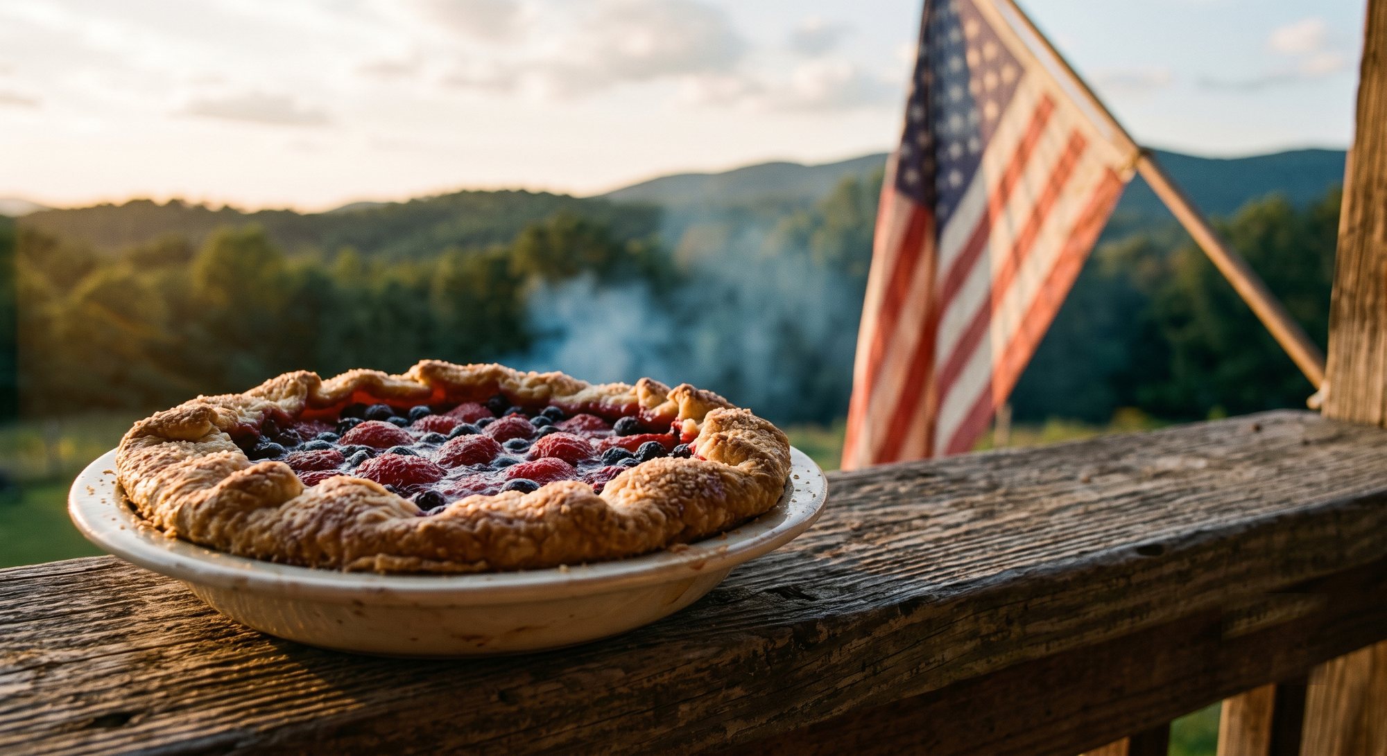 A berry galette cooling on a weathered porch rail, a flag and the foothills ridge behind it at golden hour