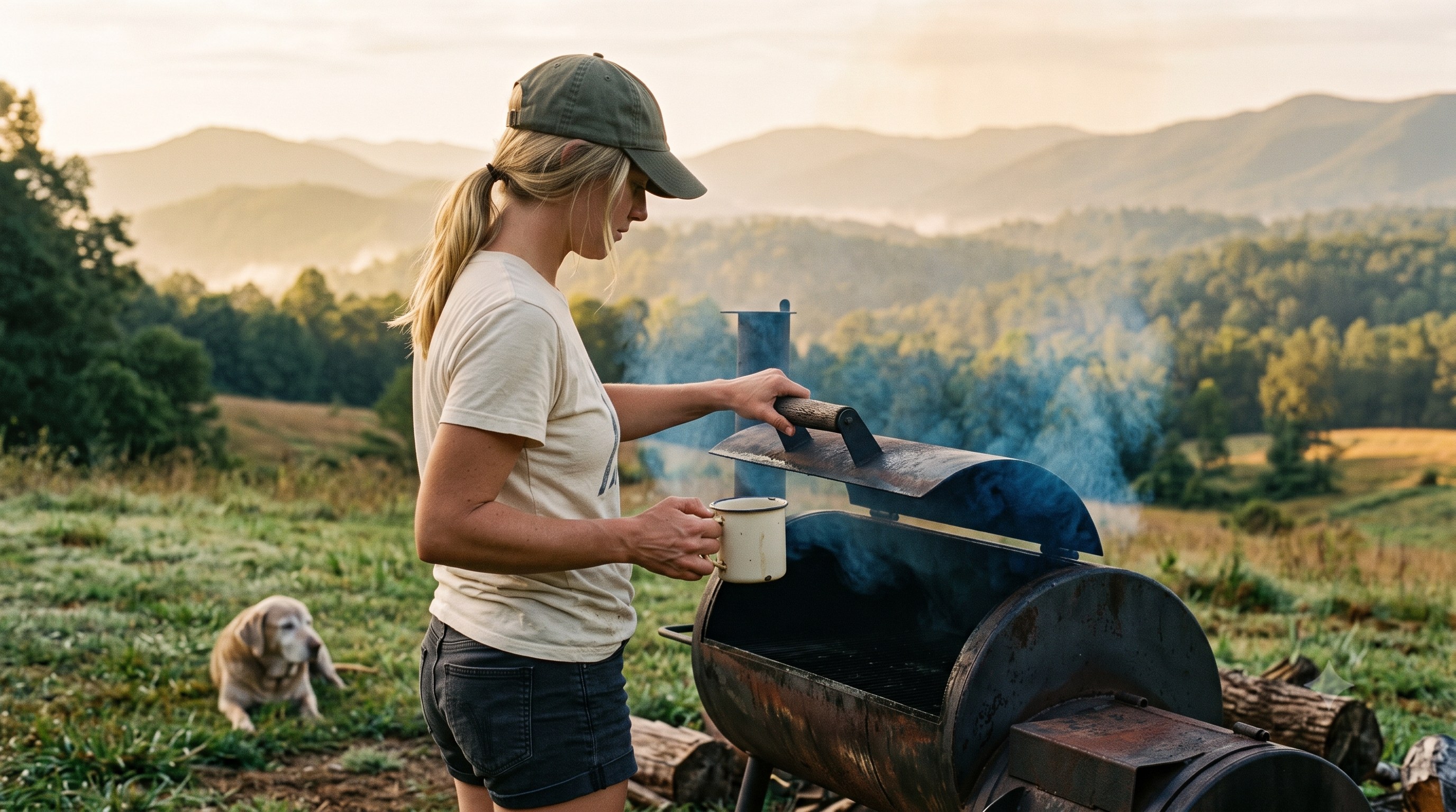 Tending a worn offset barrel smoker at the edge of the property at dawn, a coffee mug in hand and blue smoke rising, an old yellow lab resting in the grass, the Blue Ridge going soft behind