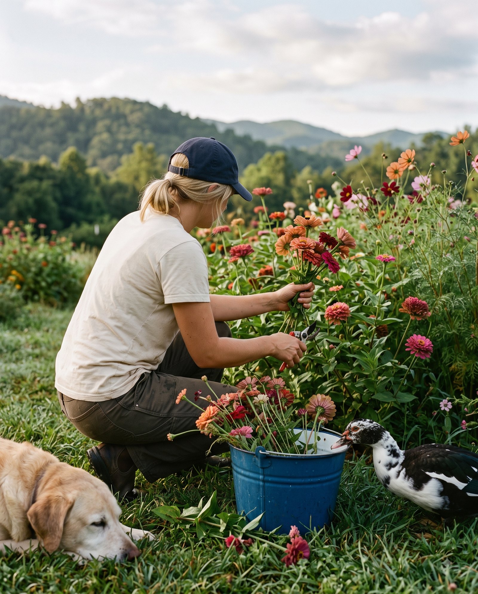 A woman seen from behind in a plain cap, cutting zinnias and cosmos into a dented enamel bucket at the edge of a late-summer garden in the cool of the morning, an old yellow lab low in the frame and a duck at the flower bucket, tree-covered ridges behind